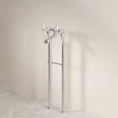 Linton Classic Floor Mounted Bath Filler with 620mm Standpipes & White Levers in Polished Nickel