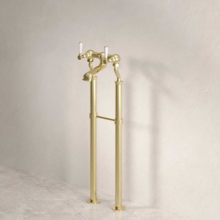 Linton Bath Filler Tap with 725mm Standpipes White Lever Timeless Brass 3/4BSP (For Baths Without Tap Holes Only)
