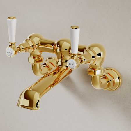 Linton Classic Bath Filler Tap Wall Mounted White Lever Living Brass