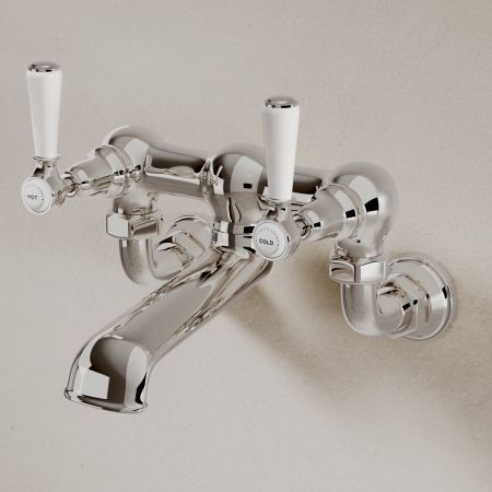 Linton Classic Bath Filler Tap Wall Mounted White Lever Polished Nickel