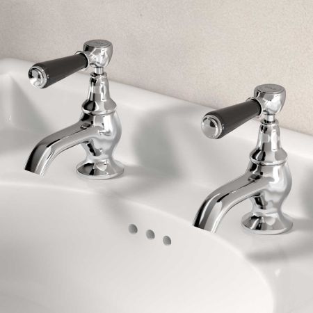 Linton 1/2BSP Basin Pillar Taps Black Lever Chrome
