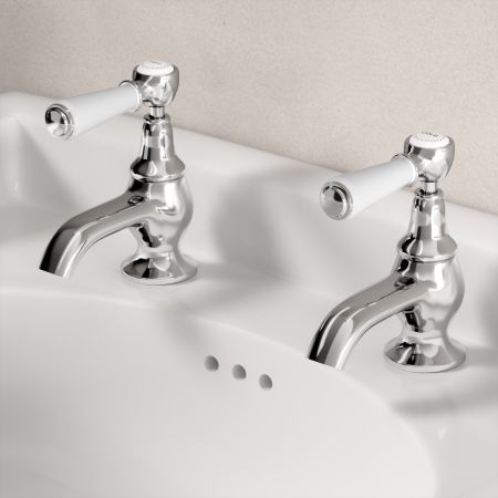 Linton Classic Basin Pillar Taps with White Levers in Chrome