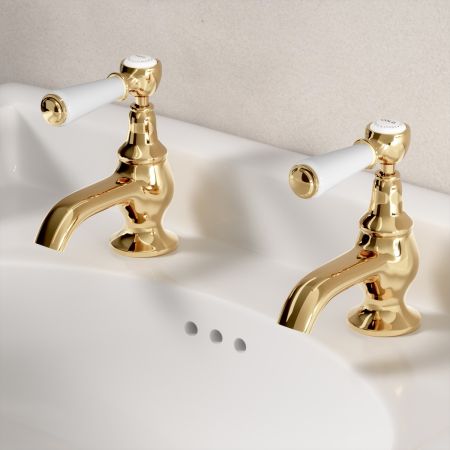 Linton Classic 1/2BSP Basin Pillar Taps White Lever Living Brass