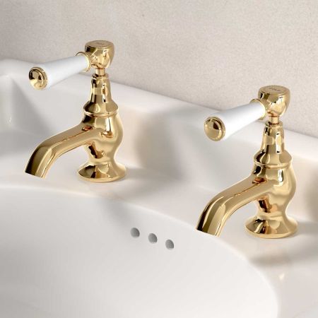 Linton 1/2BSP Basin Pillar Taps White Lever Living Brass