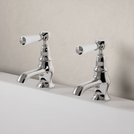 Linton Classic Bath Pillar Taps with White Levers in Chrome