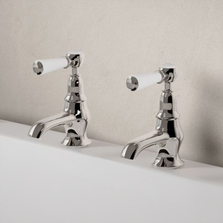 Linton Classic Bath Pillar Taps with White Levers in Polished Nickel