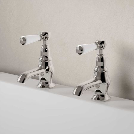 Linton Deck Mounted Bath Pillar Taps - White Lever - Polished Nickel