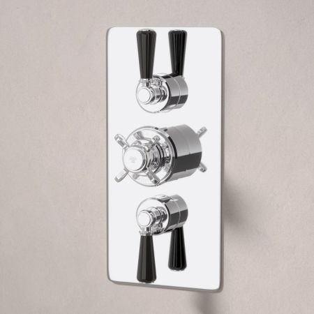 Linton Dual Outlet Concealed Shower with Handshower Hook, 300mm Wall Arm & 6" Rose - Black Lever - Chrome