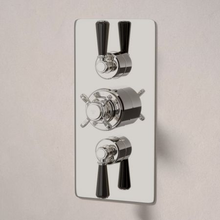 Linton Dual Outlet Concealed Shower with Handshower Hook, 300mm Wall Arm & 6" Rose - Black Lever - Polished Nickel