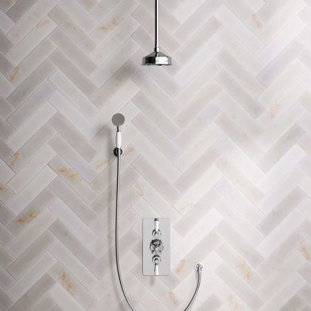 Linton Dual Outlet Concealed Shower with Handshower Hook, 210mm Ceiling Arm, 6" Rose & White Levers in Chrome