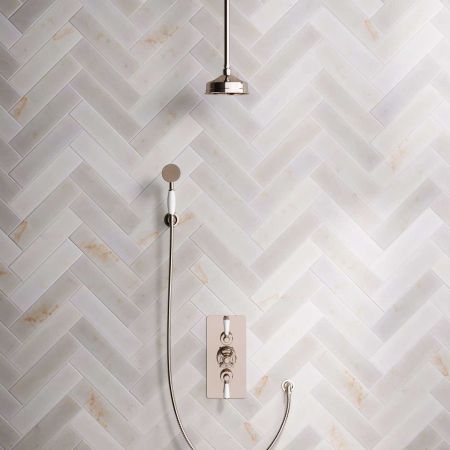 Linton Dual Outlet Concealed Shower with Handshower Hook, 210mm Ceiling Arm, 6" Rose & White Levers in Polished Nickel