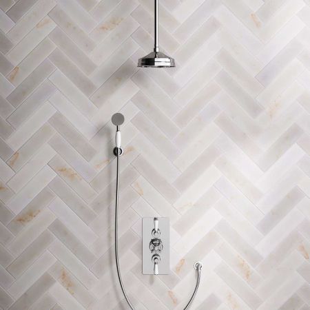 Linton Dual Outlet Concealed Shower with Handshower Hook, 210mm Ceiling Arm, 8" Rose & White Levers in Chrome