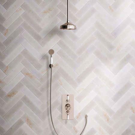 Linton Dual Outlet Concealed Shower with Handshower Hook, 210mm Ceiling Arm, 8" Rose & White Levers in Polished Nickel