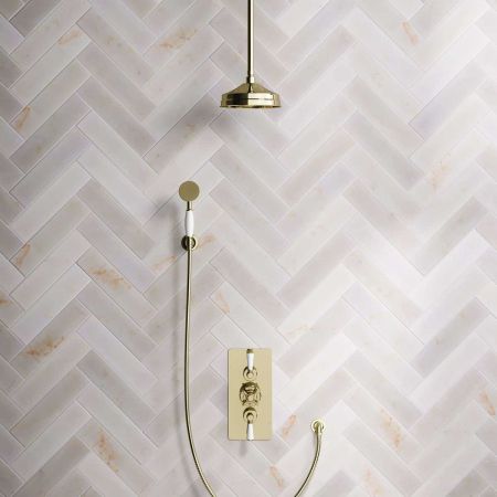 Calder Dual Outlet Shower Kit - Concealed Valve - 8 inch Rose - White Ceramic Lever - Handshower Hook - Ceiling Mounted Rose - Timeless Brass