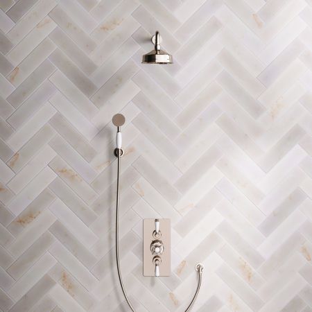 Linton Dual Outlet Concealed Shower with Handshower Hook, 500mm Wall Arm, 6" Rose & White Levers in Polished Nickel