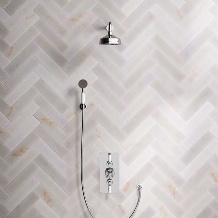 Linton Dual Outlet Concealed Shower with Handshower Hook, 500mm Wall Arm, 6" Rose & White Levers in Chrome