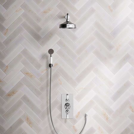 Linton Dual Outlet Concealed Shower with Handshower Hook, 500mm Wall Arm, 8" Rose & White Levers in Chrome