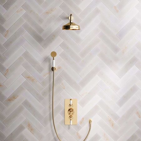 Calder Dual Outlet Shower Kit - Concealed Valve - 8 inch Rose - White Ceramic Lever - Handshower Hook - Living Brass