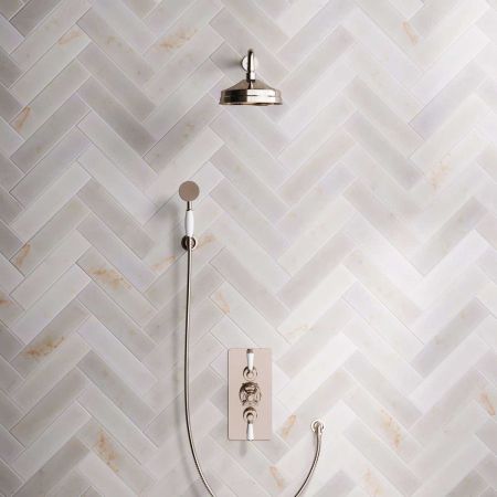 Linton Dual Outlet Concealed Shower with Handshower Hook, 500mm Wall Arm, 8" Rose & White Levers in Polished Nickel