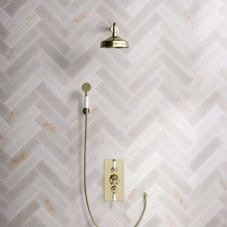 Calder Dual Outlet Shower Kit - Concealed Valve - 8 inch Rose - 500mm Shower Arm - White Ceramic Lever - Handshower Hook - Timeless Brass