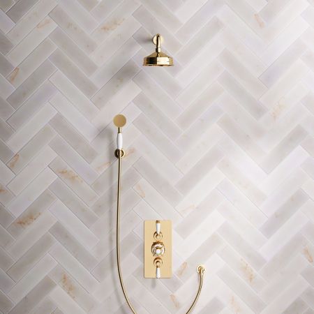 Calder Dual Outlet Shower Kit - Concealed Valve - 6 inch Rose - White Ceramic Lever - Handshower Hook - Living Brass