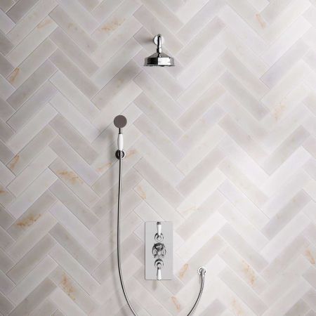 Linton Dual Outlet Concealed Shower with Handshower Hook, 300mm Wall Arm, 6" Rose & White Levers in Chrome