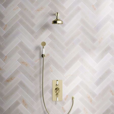 Calder Dual Outlet Shower Kit - Concealed Valve - 6 inch Rose - White Ceramic Lever - Handshower Hook - Timeless Brass