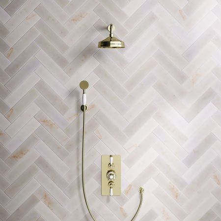 Calder Dual Outlet Shower Kit - Concealed Valve - 8 inch Rose - White Ceramic Lever - Handshower Hook - Timeless Brass