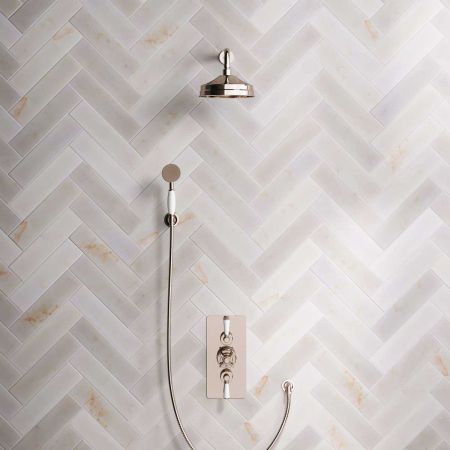 Linton Dual Outlet Concealed Shower with Handshower Hook, 300mm Wall Arm, 8" Rose & White Levers in Polished Nickel