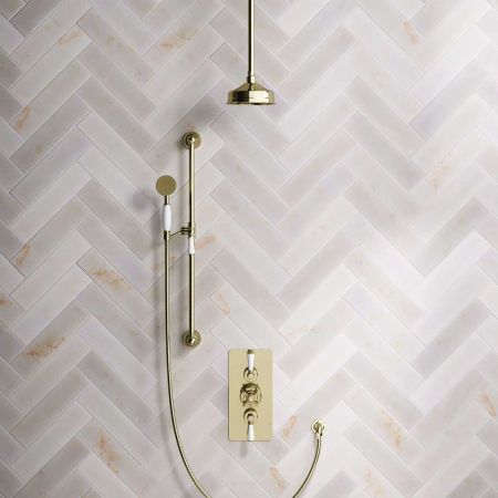 Calder Dual Outlet Shower Kit - Concealed Valve - 6 inch Rose - White Ceramic Lever - Handshower Slider-Rail - Ceiling Mounted Rose - Timeless Brass