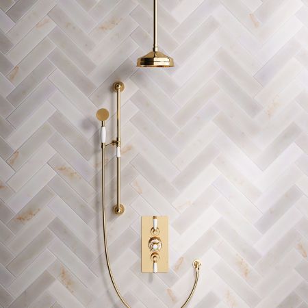 Calder Dual Outlet Shower Kit - Concealed Valve - 8 inch Rose - White Ceramic Lever - Handshower Slider-Rail - Ceiling Mounted Rose - Living Brass