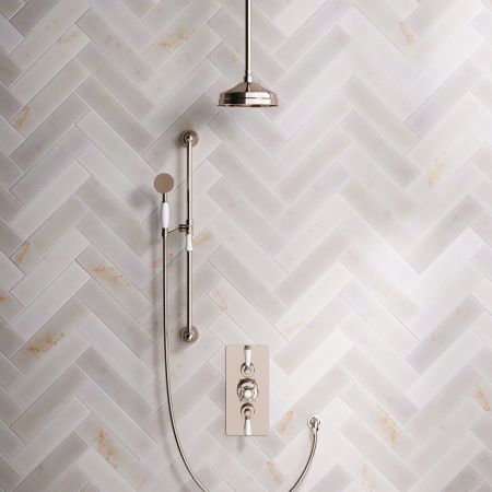 Linton Dual Outlet Concealed Shower with Slider Rail, 210mm Ceiling Arm, 8" Rose & Metal Levers in Polished Nickel