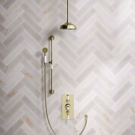 Calder Dual Outlet Shower Kit - Concealed Valve - 8 inch Rose - White Ceramic Lever - Handshower Slider-Rail - Ceiling Mounted Rose - Timeless Brass
