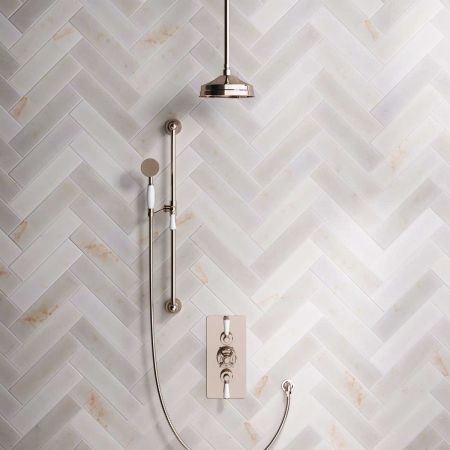 Linton Dual Outlet Concealed Shower with Slider Rail, 210mm Ceiling Arm, 8" Rose & Metal Levers in Polished Nickel