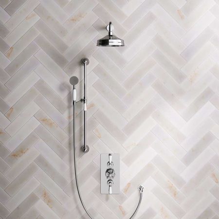 Linton Dual Outlet Concealed Shower with Slider Rail, 500mm Wall Arm, 8" Rose & Metal Levers in Chrome