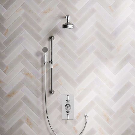Linton Dual Outlet Concealed Shower with Slider Rail, 300mm Wall Arm, 6" Rose & Metal Levers in Chrome