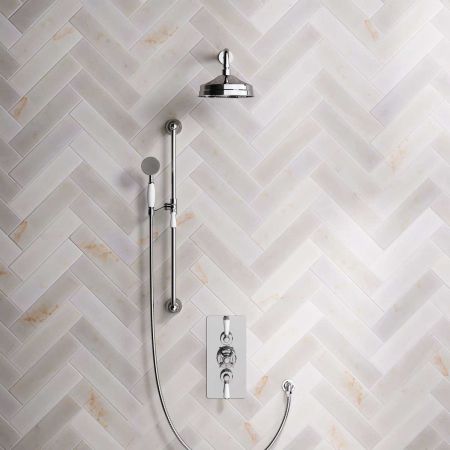 Linton Dual Outlet Concealed Shower with Slider Rail, 300mm Wall Arm, 8" Rose & Metal Levers in Chrome