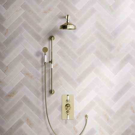 Calder Dual Outlet Shower Kit - Concealed Valve - 8 inch Rose - White Ceramic Lever - Handshower Slider-Rail - Timeless Brass