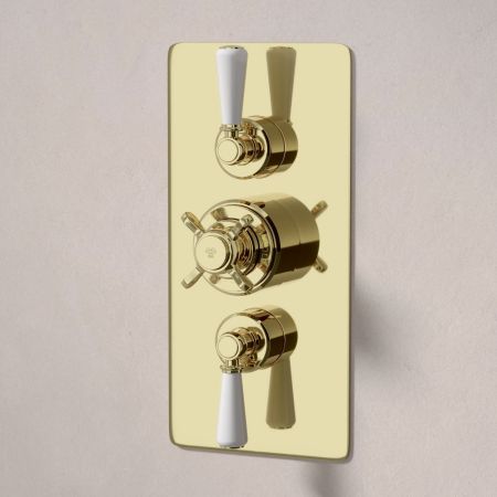 Calder Dual Outlet Shower Kit - Concealed Valve - 8 inch Rose - 500mm Shower Arm - White Ceramic Lever - Handshower Hook - Timeless Brass