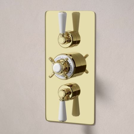 Calder Dual Outlet Shower Kit - Concealed Valve - 6 inch Rose - White Ceramic Lever - Handshower Slider-Rail - Ceiling Mounted Rose - Timeless Brass