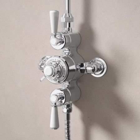 Linton Dual Outlet Exposed Shower with Riser Mounted Handshower & 6" Rose - White Lever & Ceramics - Chrome