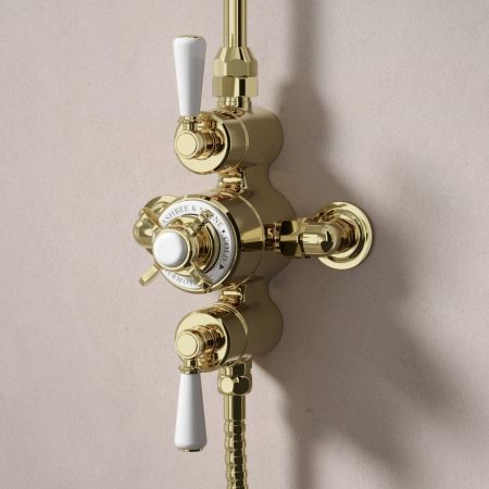 Linton Classic Dual Outlet Exposed Shower Valve with Rigid Riser, Handset on Hook and 8 Inch Rose - White Lever - Timeless Brass