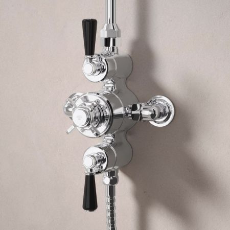 Linton Dual Outlet Exposed Shower with Handshower Hook & 6" Rose - Black Lever - Chrome