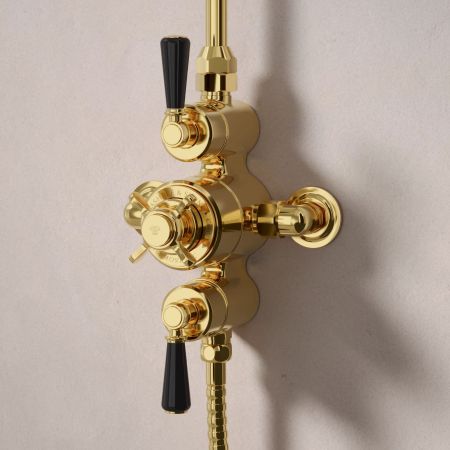 Calder Dual Outlet Exposed Shower Valve with Rigid Riser, Handset on Hook and 6 Inch Rose - Black Lever - Living Brass