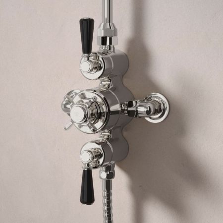 Linton Dual Outlet Exposed Shower with Handshower Hook & 6" Rose - Black Lever - Polished Nickel