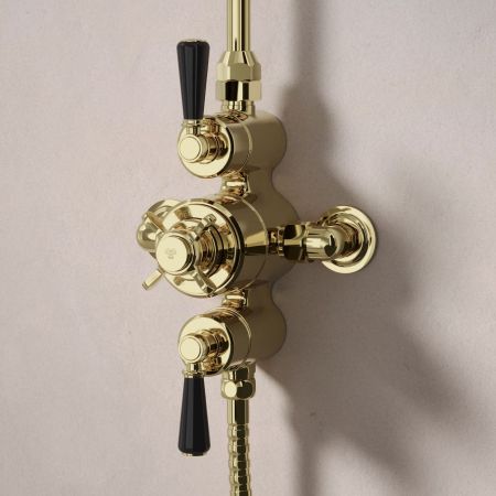 Calder Dual Outlet Exposed Shower Valve with Rigid Riser, Handset on Hook and 6 Inch Rose - Black Lever - Timeless Brass