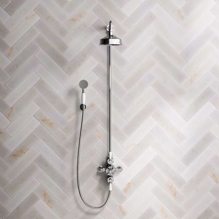 Linton Dual Outlet Exposed Shower with Handshower Hook, 6" Rose and White Levers in Chrome