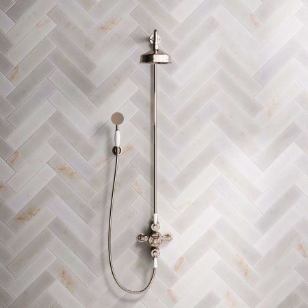 Linton Dual Outlet Exposed Shower with Handshower Hook, 6" Rose and White Levers in Polished Nickel