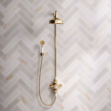 Calder Dual Outlet Shower Kit - Exposed Valve - 8 inch Rose - White Ceramic Lever - Handshower Hook - Living Brass