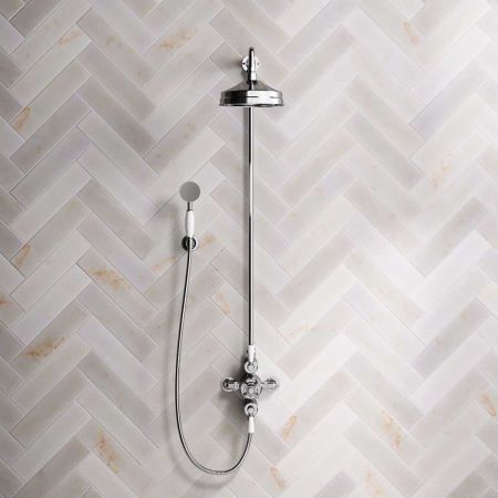 Linton Dual Outlet Exposed Shower with Handshower Hook, 8" Rose and White Levers in Chrome